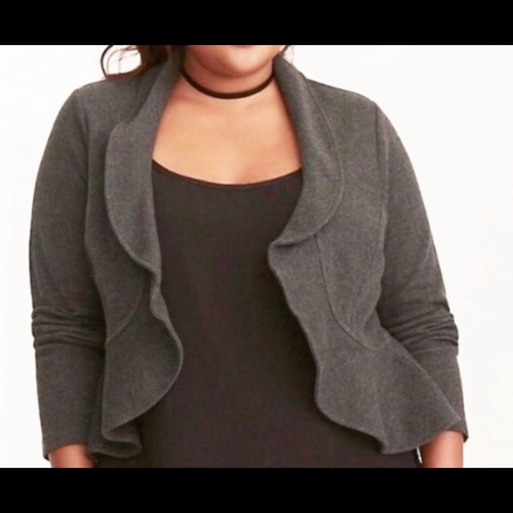 Torrid Gray Ruffled Blazer with Bronze Buttons
